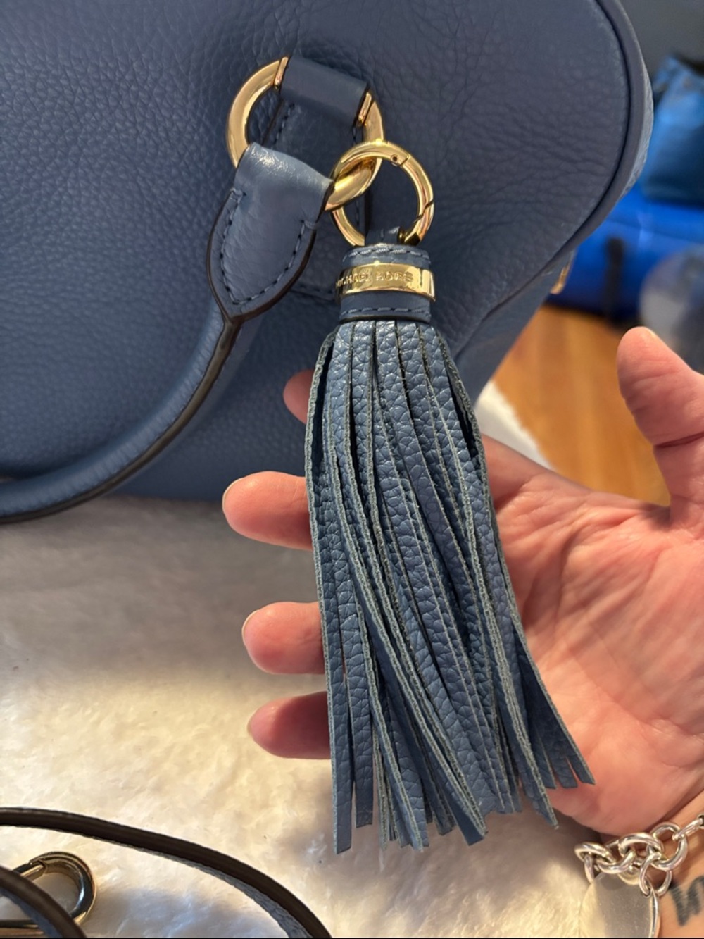 Michael Kors Blue Leather Satchel with Tassel - Picture 10 of 10